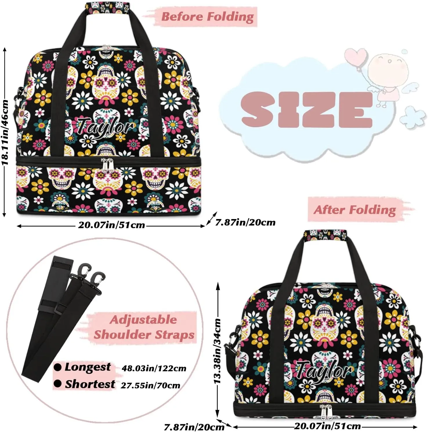 Customized Gym Bag for Women, Personalized Skull Skeleton Travel Duffel Bag with Name, Goth Skull Weekender Overnight Bag with Shoes Compartment for Men Travel Yoga