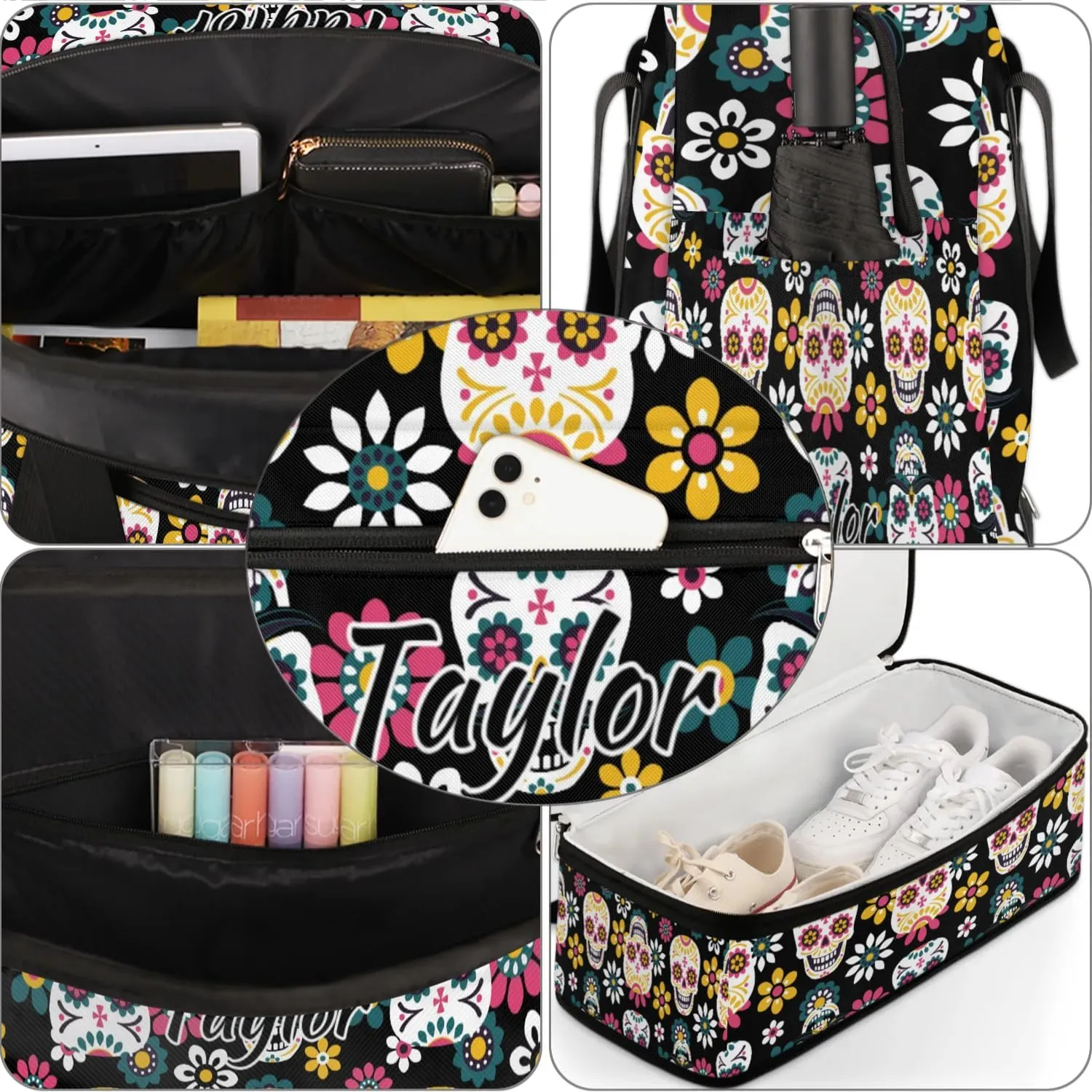 Customized Gym Bag for Women, Personalized Skull Skeleton Travel Duffel Bag with Name, Goth Skull Weekender Overnight Bag with Shoes Compartment for Men Travel Yoga