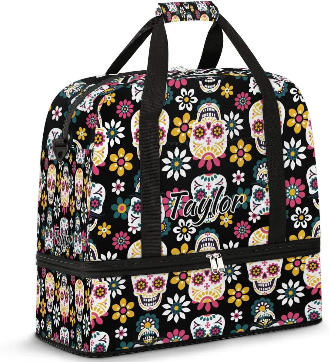 Customized Gym Bag for Women, Personalized Skull Skeleton Travel Duffel Bag with Name, Goth Skull Weekender Overnight Bag with Shoes Compartment for Men Travel Yoga