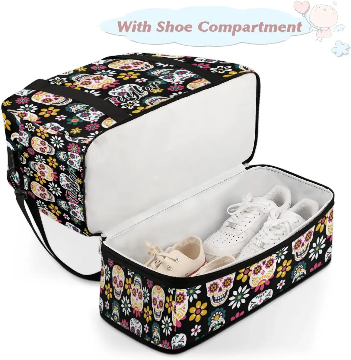 Customized Gym Bag for Women, Personalized Skull Skeleton Travel Duffel Bag with Name, Goth Skull Weekender Overnight Bag with Shoes Compartment for Men Travel Yoga