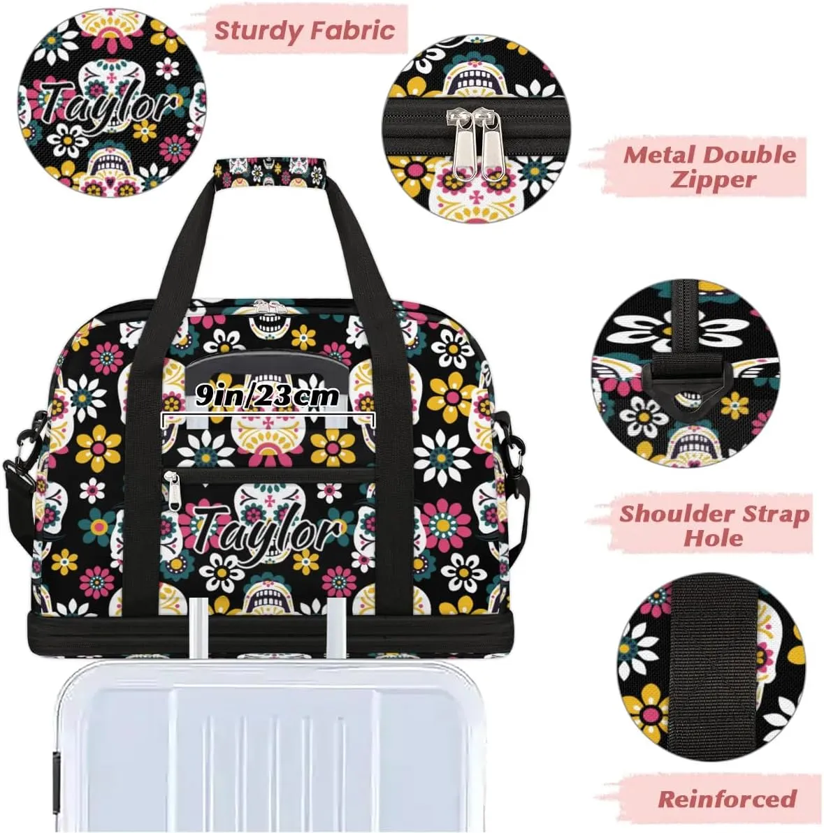 Customized Gym Bag for Women, Personalized Skull Skeleton Travel Duffel Bag with Name, Goth Skull Weekender Overnight Bag with Shoes Compartment for Men Travel Yoga