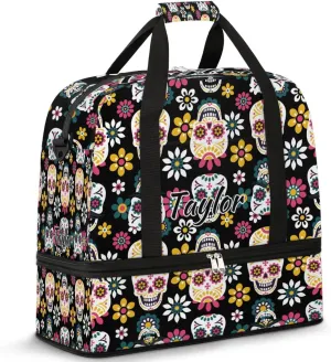 Customized Gym Bag for Women, Personalized Skull Skeleton Travel Duffel Bag with Name, Goth Skull Weekender Overnight Bag with Shoes Compartment for Men Travel Yoga