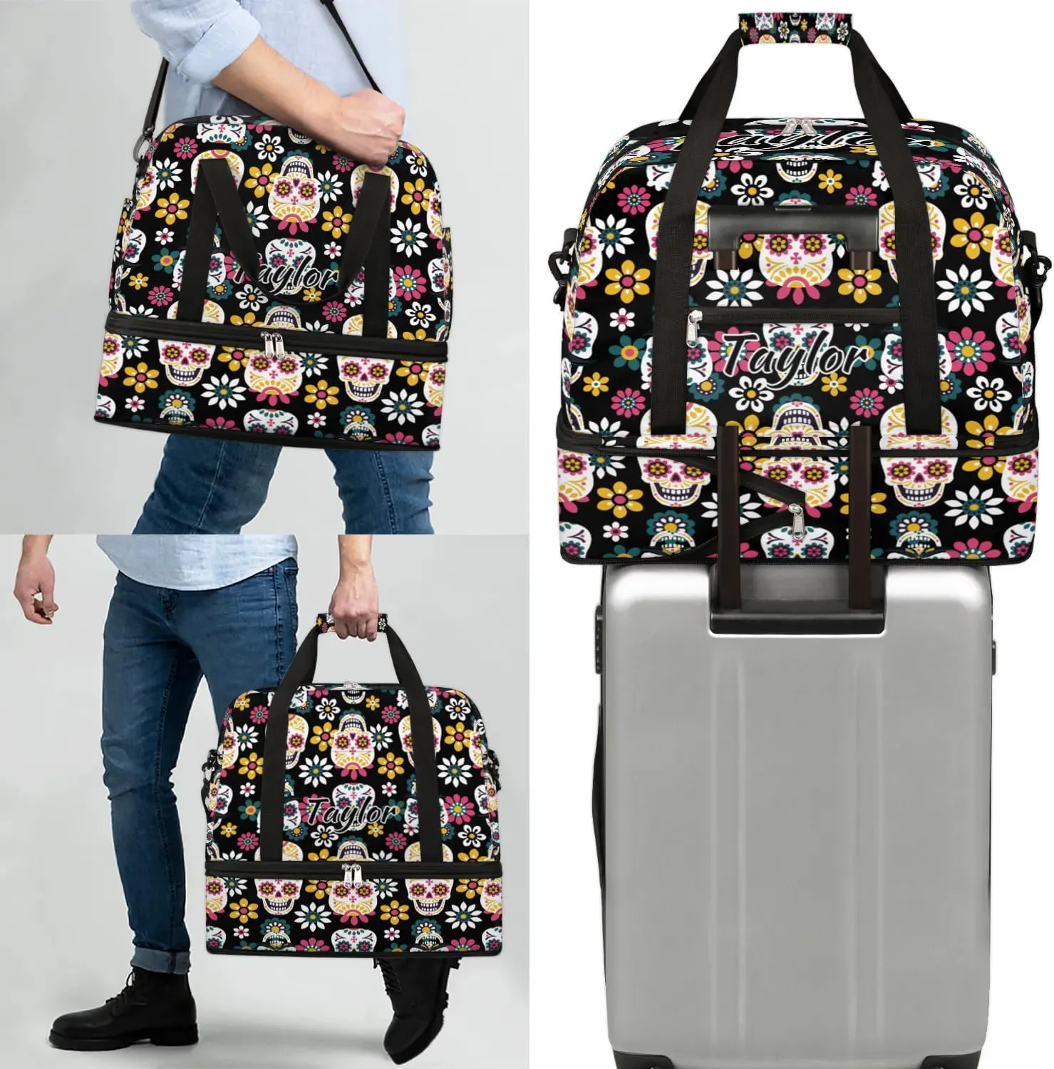 Customized Gym Bag for Women, Personalized Skull Skeleton Travel Duffel Bag with Name, Goth Skull Weekender Overnight Bag with Shoes Compartment for Men Travel Yoga