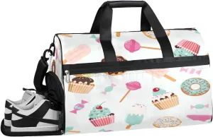 Cute Cake Doughnut Candy Sports Gym Bag with Wet Pocket & Shoes Compartment Waterproof Workout Duffel Bag for Women and Men Weekender Overnight Duffle Bag Travel Carry-on Tote