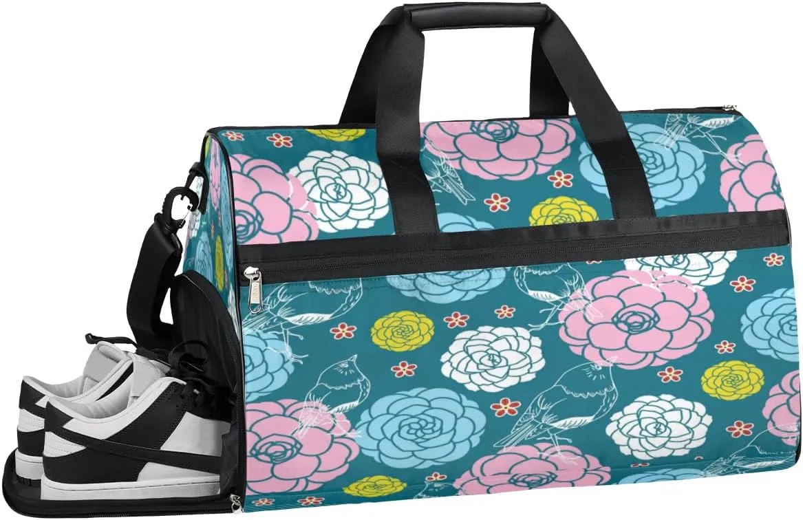 Cute Camellia Sports Gym Bag with Wet Pocket & Shoes Compartment Waterproof Workout Duffel Bag for Women and Men Weekender Overnight Duffle Bag Travel Carry-on Tote