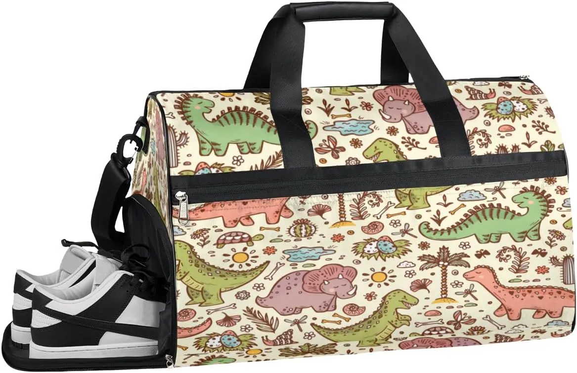 Cute Dinosaur Sports Gym Bag with Wet Pocket & Shoes Compartment Waterproof Workout Duffel Bag for Women and Men Weekender Overnight Duffle Bag Travel Carry-on Tote