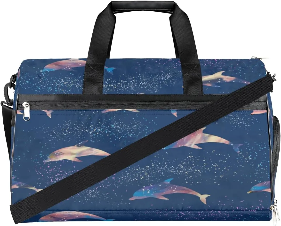 Cute Dolphins Pattern Sports Gym Bag for Women Men Travel Duffel Bag with Wet Pocket & Shoes Compartment Waterproof Weekender Overnight Tote Carry on Bag Lightweight