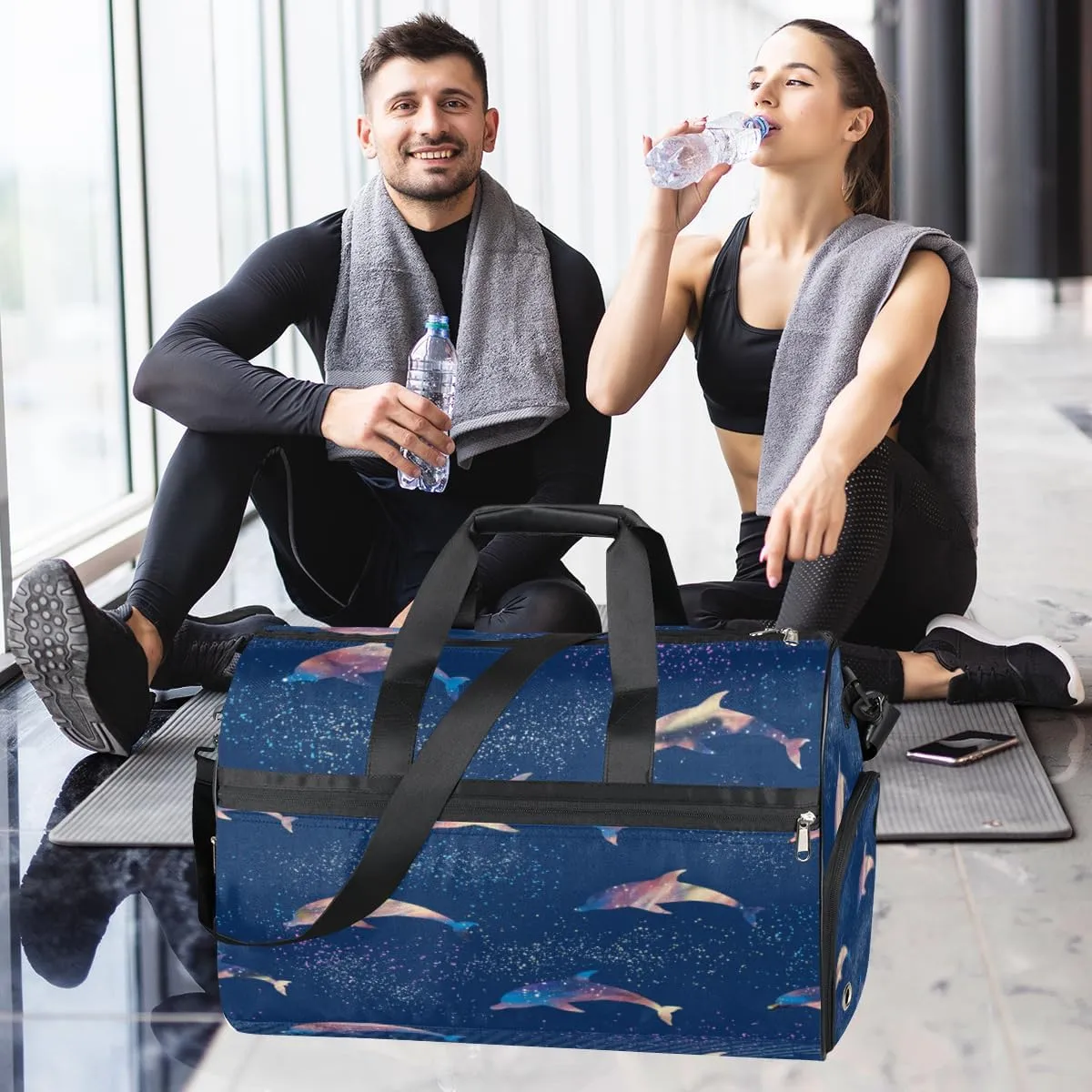 Cute Dolphins Pattern Sports Gym Bag for Women Men Travel Duffel Bag with Wet Pocket & Shoes Compartment Waterproof Weekender Overnight Tote Carry on Bag Lightweight
