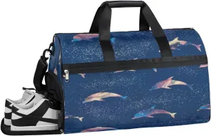 Cute Dolphins Pattern Sports Gym Bag for Women Men Travel Duffel Bag with Wet Pocket & Shoes Compartment Waterproof Weekender Overnight Tote Carry on Bag Lightweight