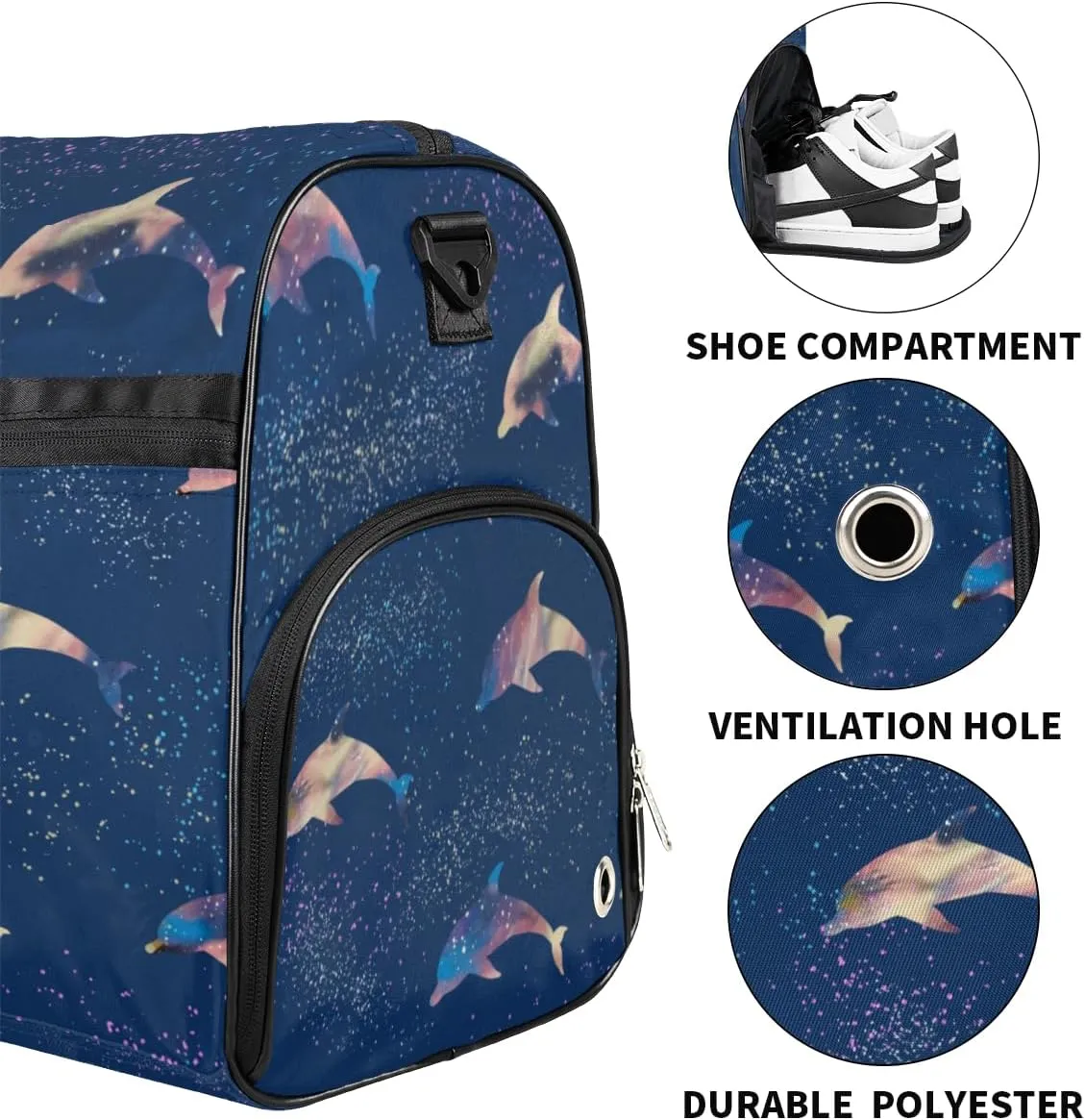 Cute Dolphins Pattern Sports Gym Bag for Women Men Travel Duffel Bag with Wet Pocket & Shoes Compartment Waterproof Weekender Overnight Tote Carry on Bag Lightweight