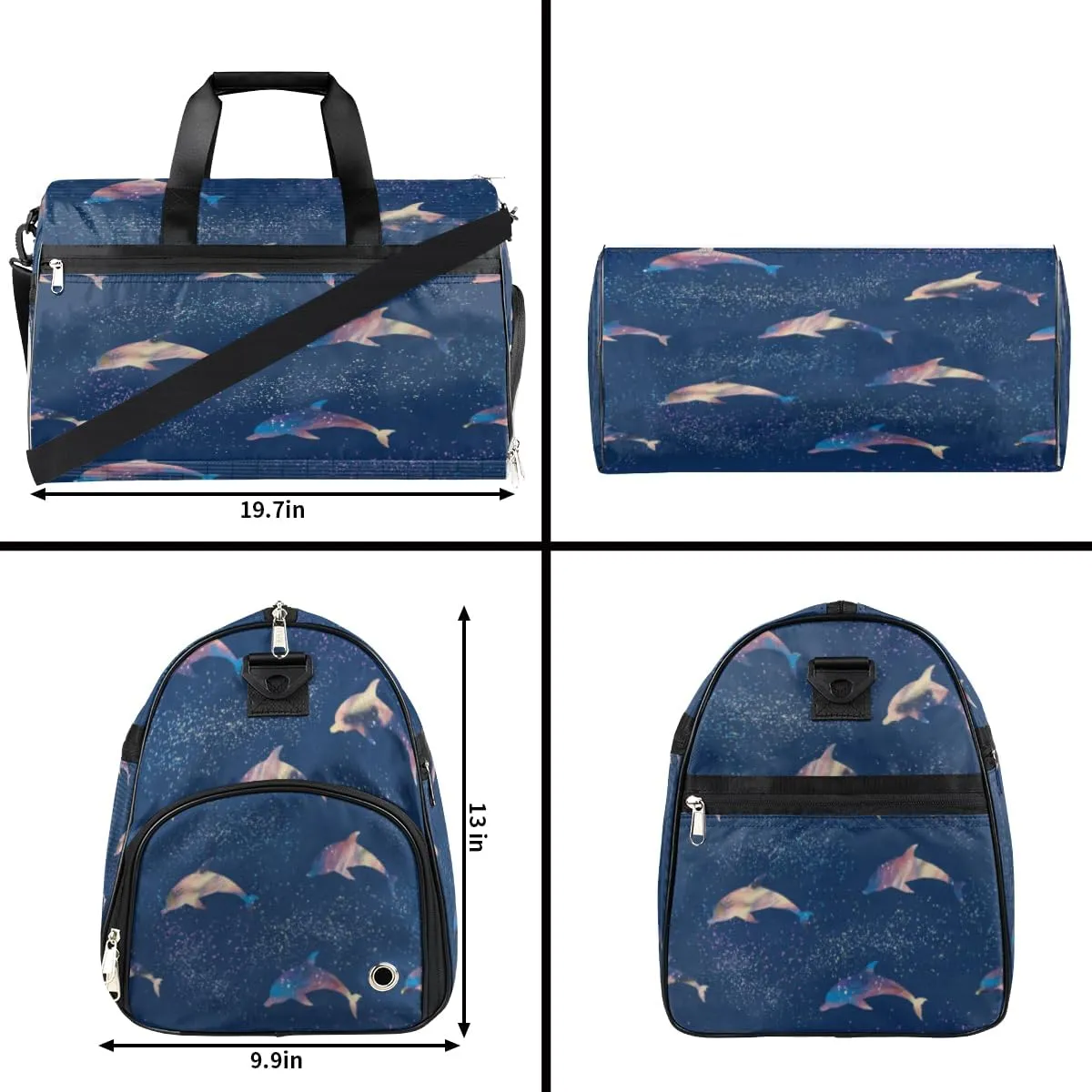 Cute Dolphins Pattern Sports Gym Bag for Women Men Travel Duffel Bag with Wet Pocket & Shoes Compartment Waterproof Weekender Overnight Tote Carry on Bag Lightweight