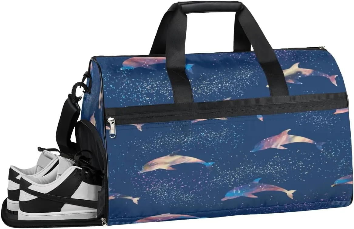 Cute Dolphins Pattern Sports Gym Bag for Women Men Travel Duffel Bag with Wet Pocket & Shoes Compartment Waterproof Weekender Overnight Tote Carry on Bag Lightweight