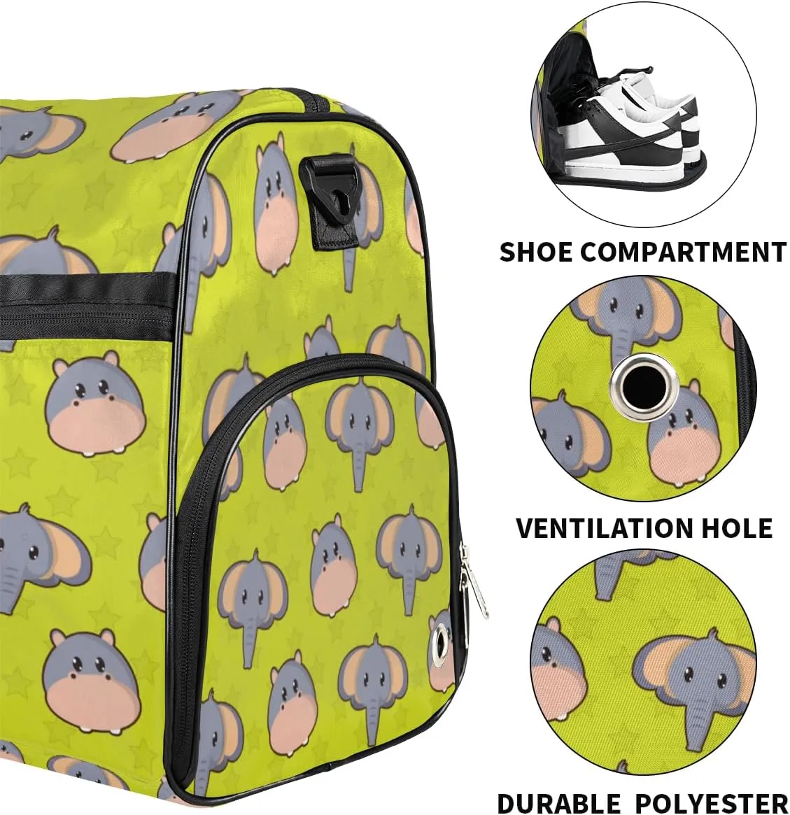 Cute Elephant Hippo Sports Gym Bag for Women Men Travel Duffel Bag with Wet Pocket & Shoes Compartment Waterproof Weekender Overnight Tote Carry on Bag Lightweight