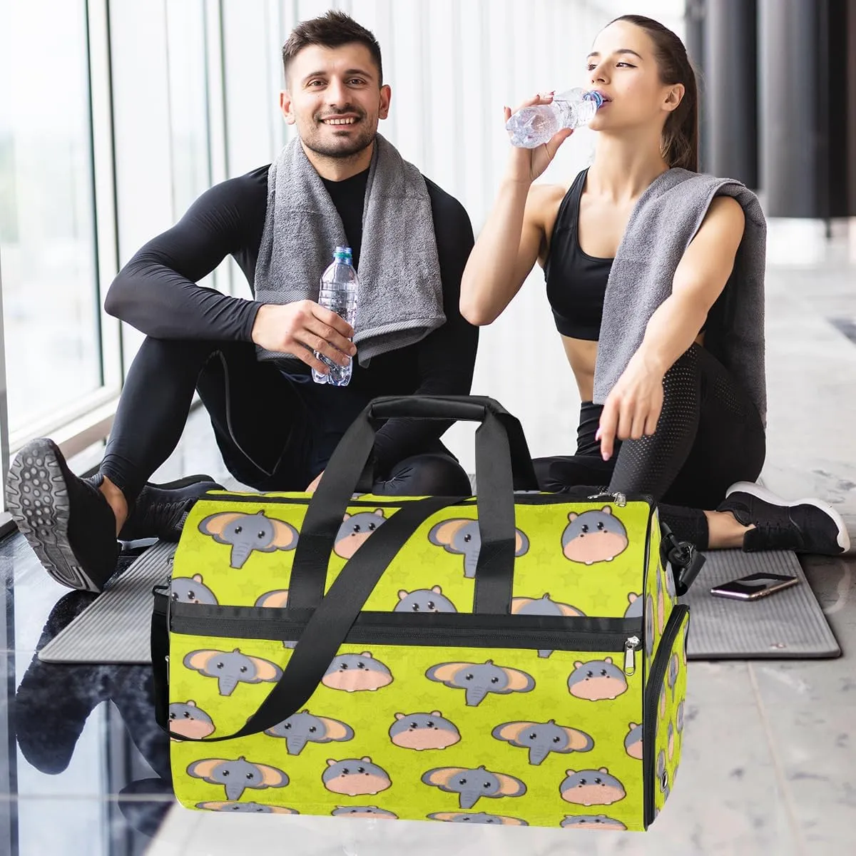 Cute Elephant Hippo Sports Gym Bag for Women Men Travel Duffel Bag with Wet Pocket & Shoes Compartment Waterproof Weekender Overnight Tote Carry on Bag Lightweight
