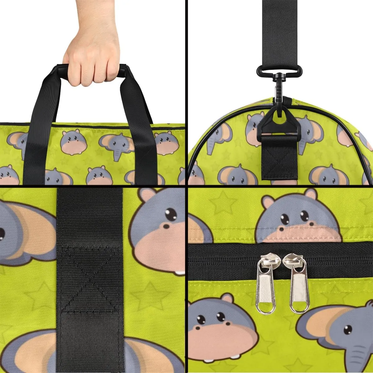 Cute Elephant Hippo Sports Gym Bag for Women Men Travel Duffel Bag with Wet Pocket & Shoes Compartment Waterproof Weekender Overnight Tote Carry on Bag Lightweight
