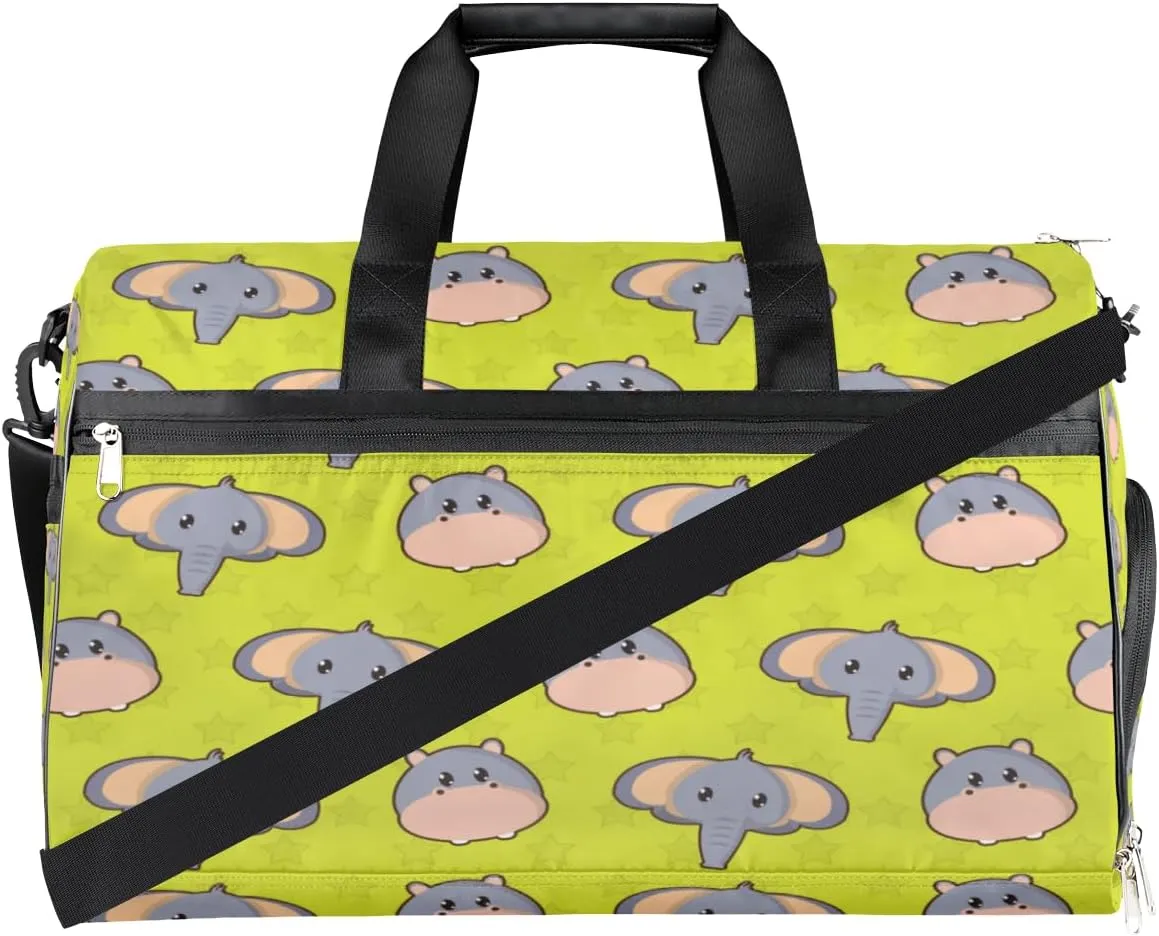 Cute Elephant Hippo Sports Gym Bag for Women Men Travel Duffel Bag with Wet Pocket & Shoes Compartment Waterproof Weekender Overnight Tote Carry on Bag Lightweight