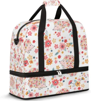 Cute Flower Floral Hedgehog Foldable Travel Duffel Bag Tote Carry On Luggage Sport Duffle for Women Men Gym Bag Overnight Weekender Bags with Shoe Compartments & Shoulder Strap