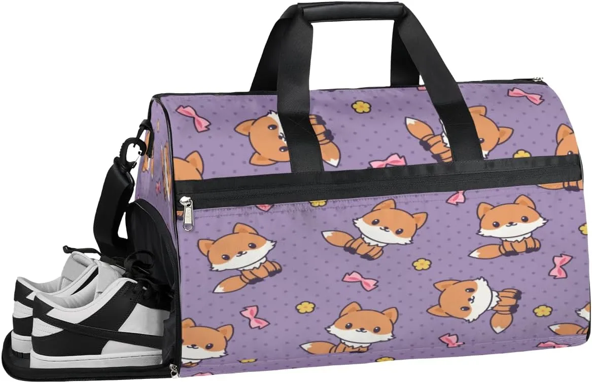 Cute Fox Sports Gym Bag with Wet Pocket & Shoes Compartment Waterproof Workout Duffel Bag for Women and Men Weekender Overnight Duffle Bag Travel Carry-on Tote