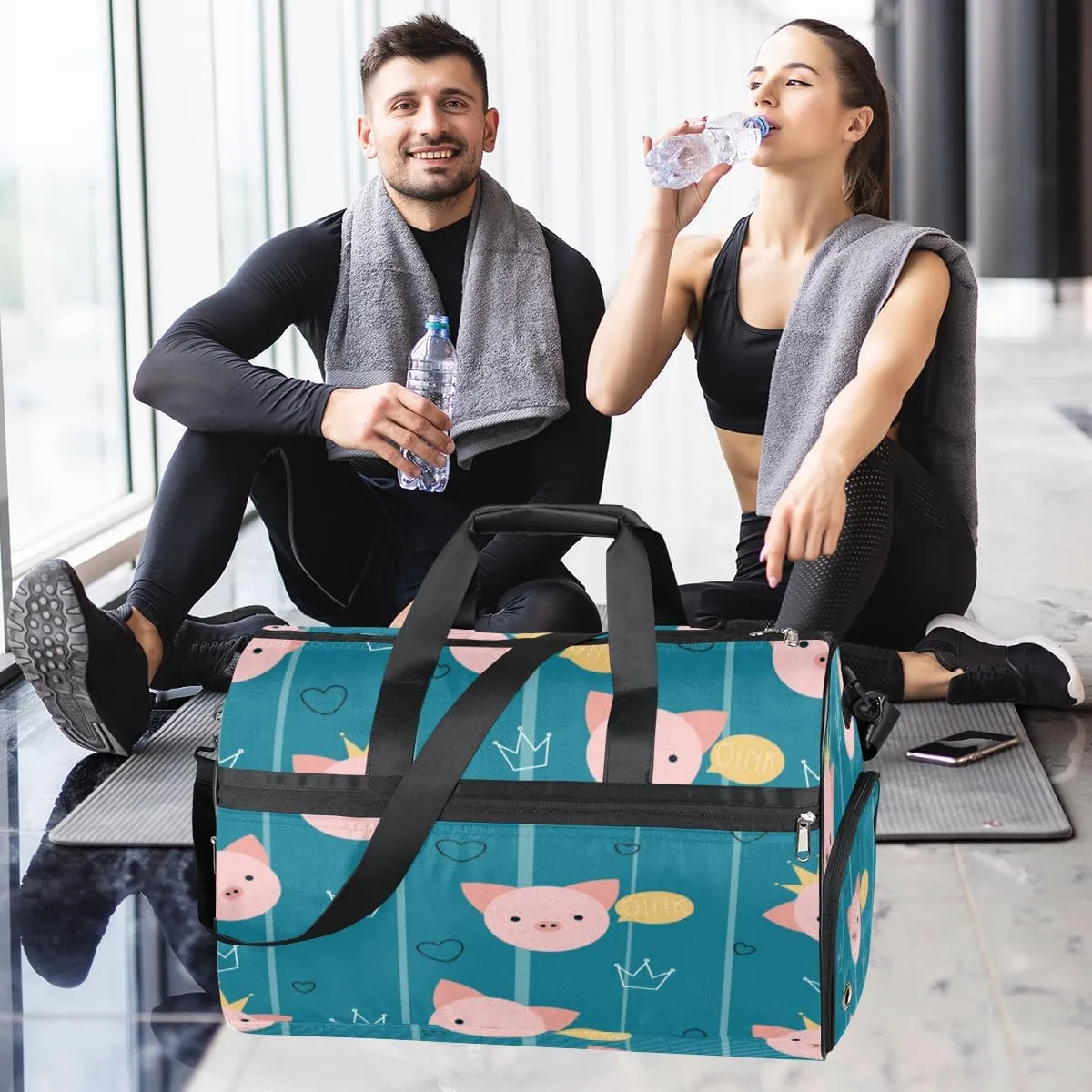 Cute Pig Pattern Sports Gym Bag for Women Men Travel Duffel Bag with Wet Pocket & Shoes Compartment Waterproof Weekender Overnight Tote Carry on Bag Lightweight