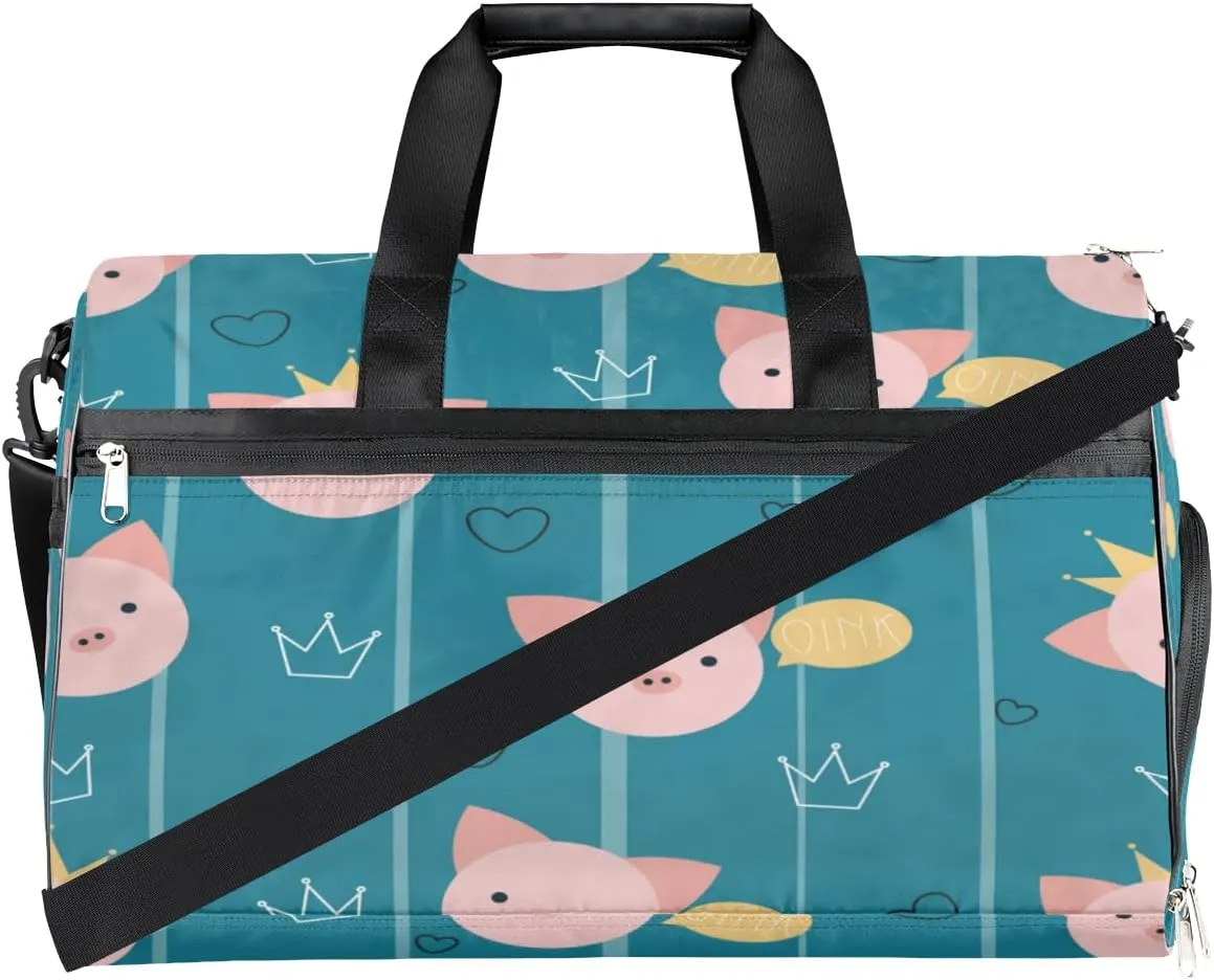 Cute Pig Pattern Sports Gym Bag for Women Men Travel Duffel Bag with Wet Pocket & Shoes Compartment Waterproof Weekender Overnight Tote Carry on Bag Lightweight