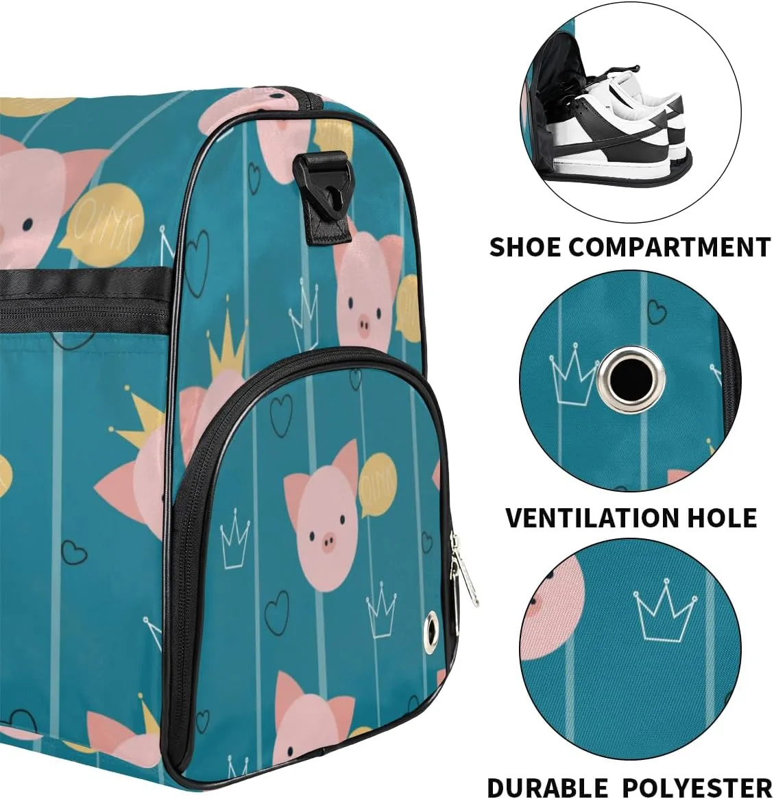 Cute Pig Pattern Sports Gym Bag for Women Men Travel Duffel Bag with Wet Pocket & Shoes Compartment Waterproof Weekender Overnight Tote Carry on Bag Lightweight