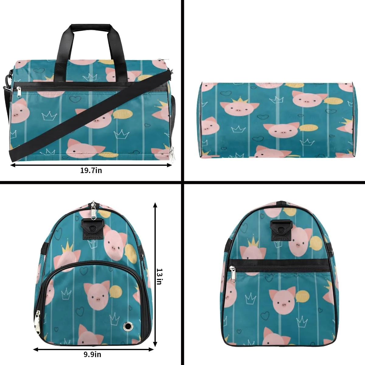 Cute Pig Pattern Sports Gym Bag for Women Men Travel Duffel Bag with Wet Pocket & Shoes Compartment Waterproof Weekender Overnight Tote Carry on Bag Lightweight