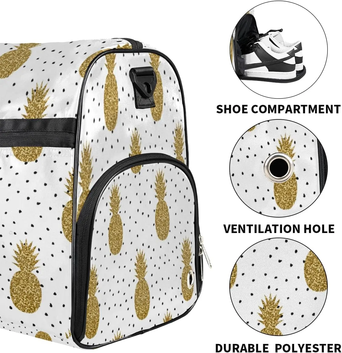 Cute Pineapples Pattern Sports Gym Bag for Women Men Travel Duffel Bag with Wet Pocket & Shoes Compartment Waterproof Weekender Overnight Tote Carry on Bag Lightweight