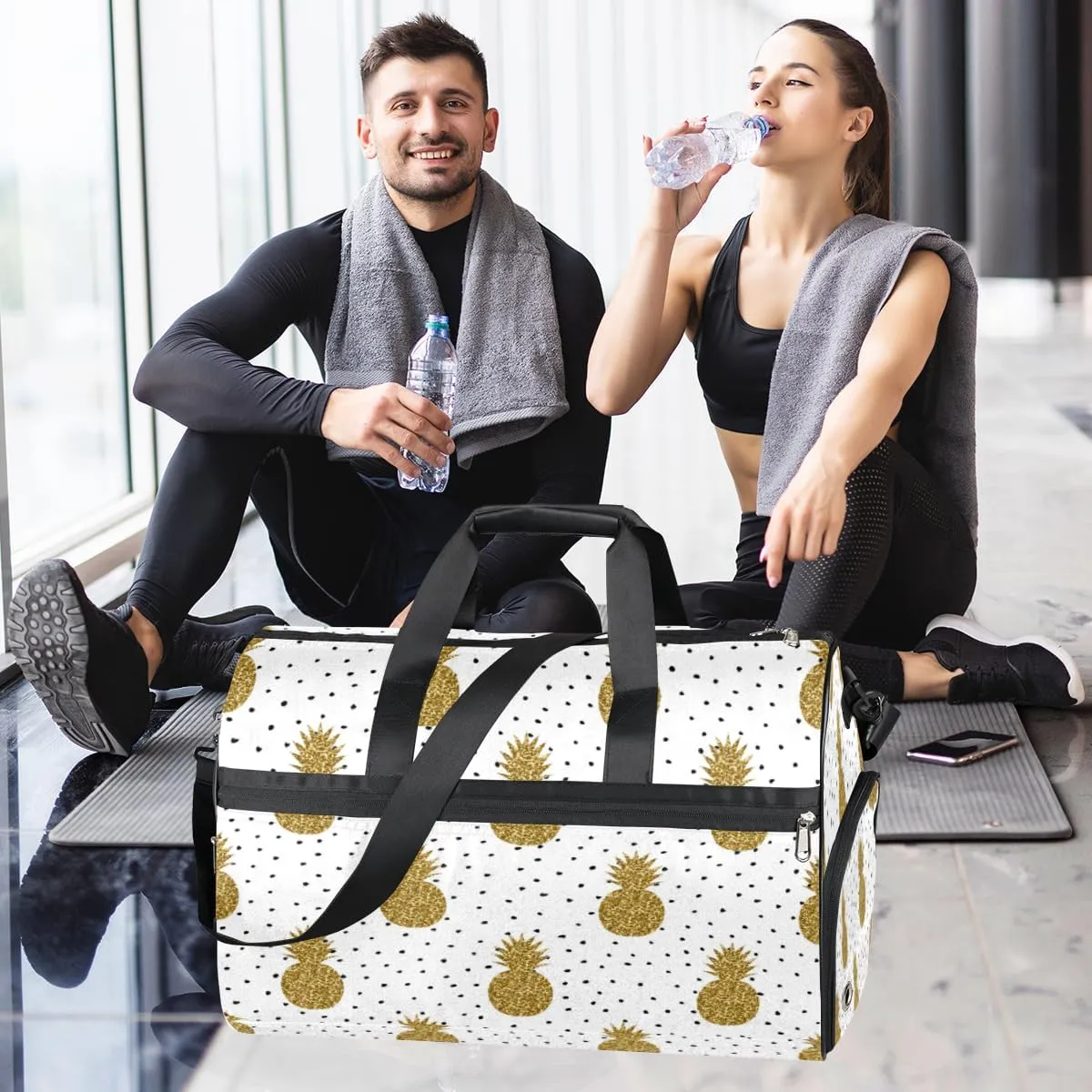Cute Pineapples Pattern Sports Gym Bag for Women Men Travel Duffel Bag with Wet Pocket & Shoes Compartment Waterproof Weekender Overnight Tote Carry on Bag Lightweight