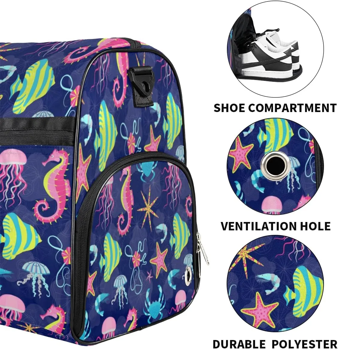 Cute Seahorses Pattern Sports Gym Bag for Women Men Travel Duffel Bag with Wet Pocket & Shoes Compartment Waterproof Weekender Overnight Tote Carry on Bag Lightweight
