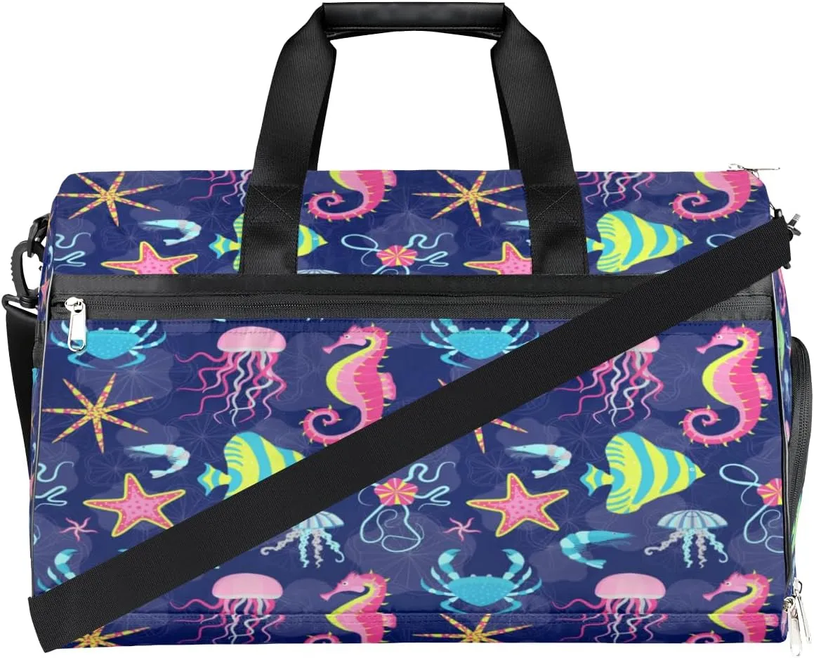 Cute Seahorses Pattern Sports Gym Bag for Women Men Travel Duffel Bag with Wet Pocket & Shoes Compartment Waterproof Weekender Overnight Tote Carry on Bag Lightweight
