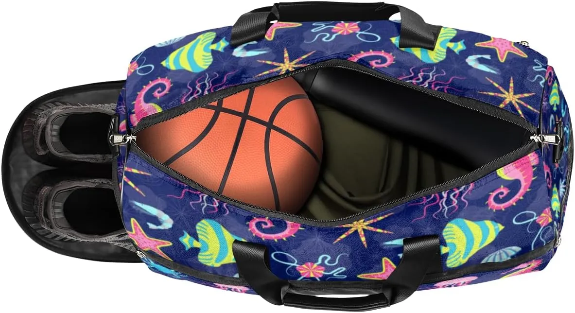 Cute Seahorses Pattern Sports Gym Bag for Women Men Travel Duffel Bag with Wet Pocket & Shoes Compartment Waterproof Weekender Overnight Tote Carry on Bag Lightweight
