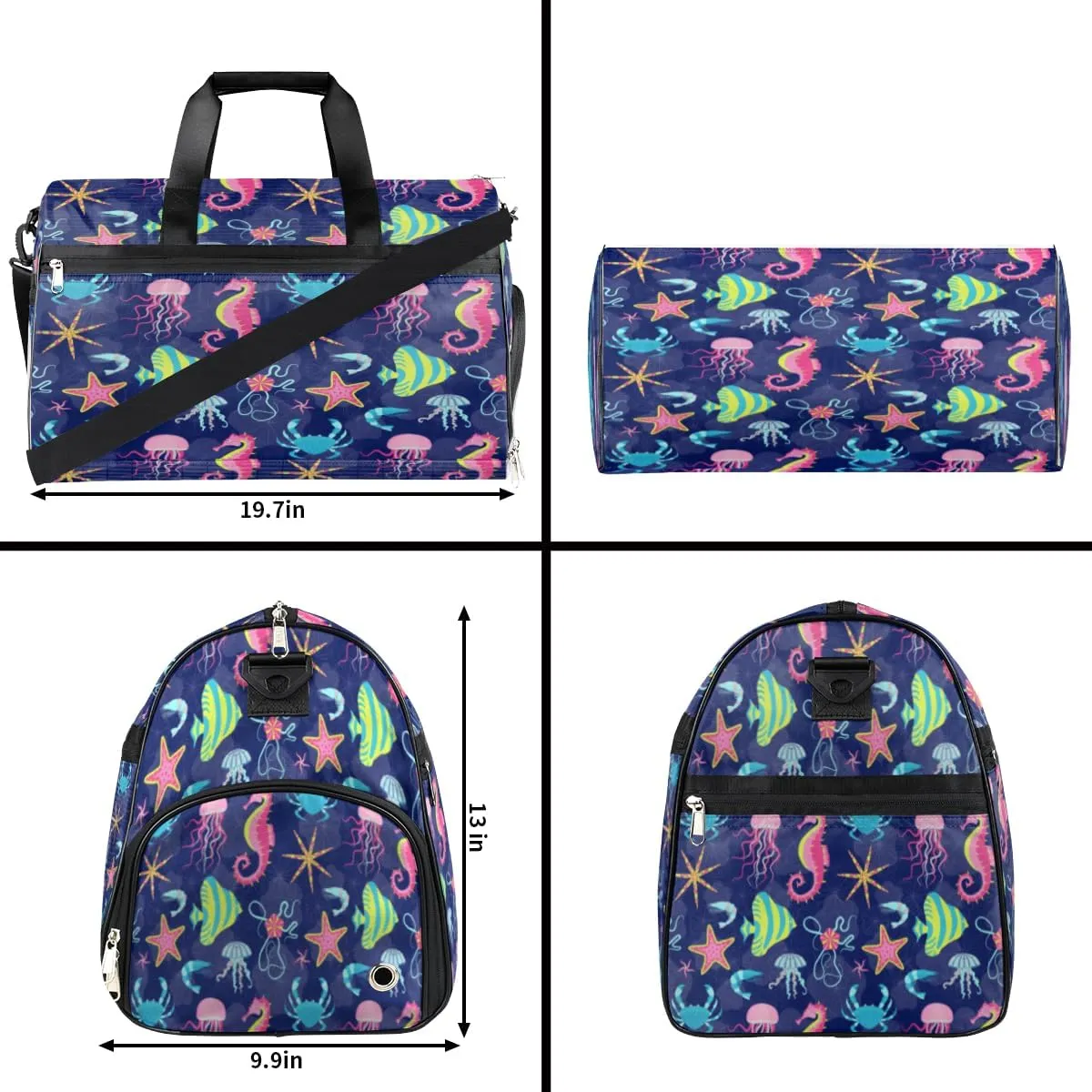 Cute Seahorses Pattern Sports Gym Bag for Women Men Travel Duffel Bag with Wet Pocket & Shoes Compartment Waterproof Weekender Overnight Tote Carry on Bag Lightweight