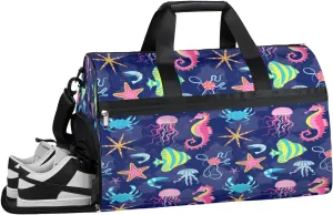 Cute Seahorses Pattern Sports Gym Bag for Women Men Travel Duffel Bag with Wet Pocket & Shoes Compartment Waterproof Weekender Overnight Tote Carry on Bag Lightweight