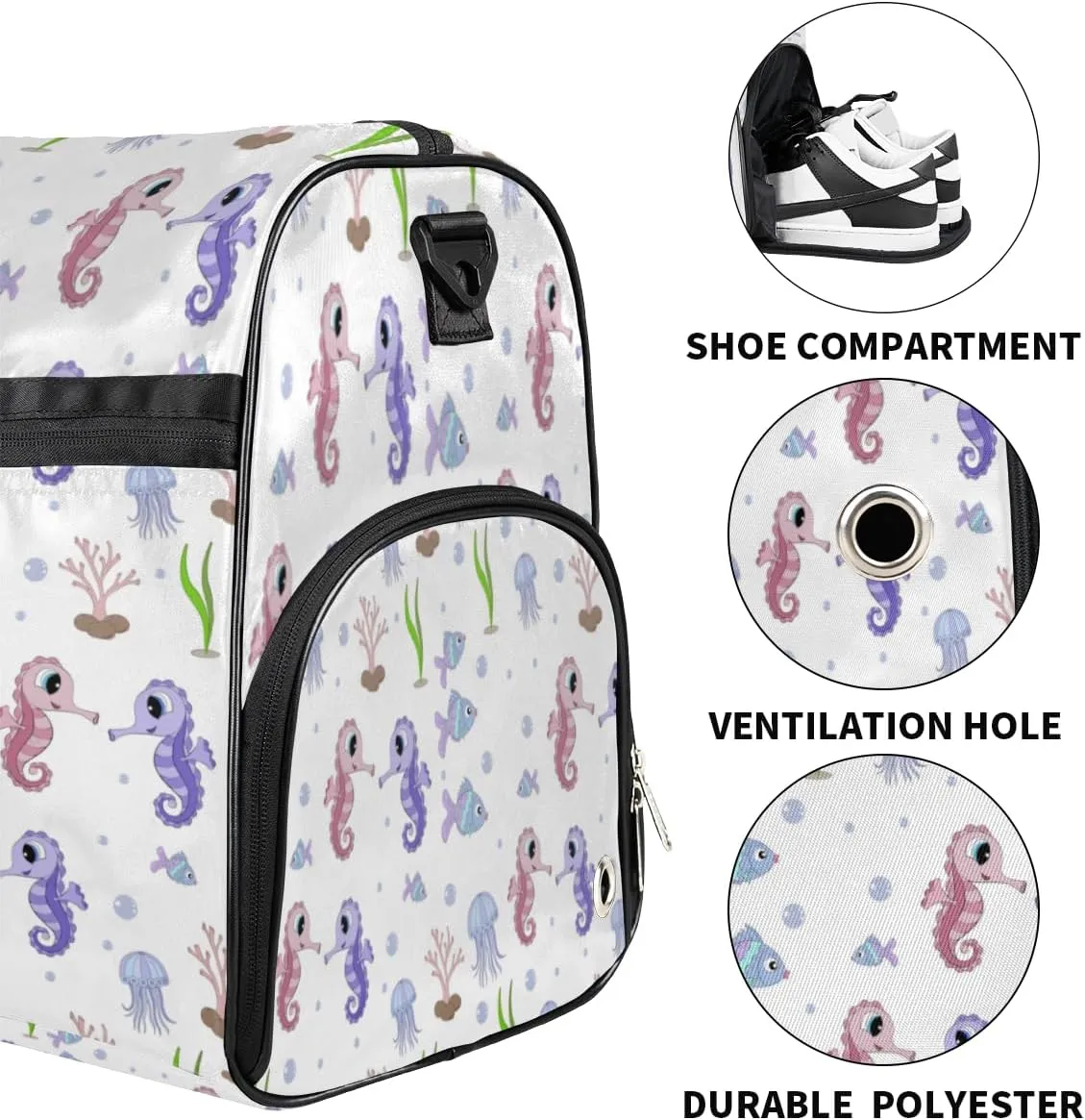 Cute Seahorses Sports Gym Bag for Women Men Travel Duffel Bag with Wet Pocket & Shoes Compartment Waterproof Weekender Overnight Tote Carry on Bag Lightweight