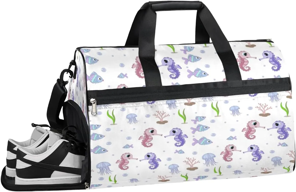 Cute Seahorses Sports Gym Bag for Women Men Travel Duffel Bag with Wet Pocket & Shoes Compartment Waterproof Weekender Overnight Tote Carry on Bag Lightweight