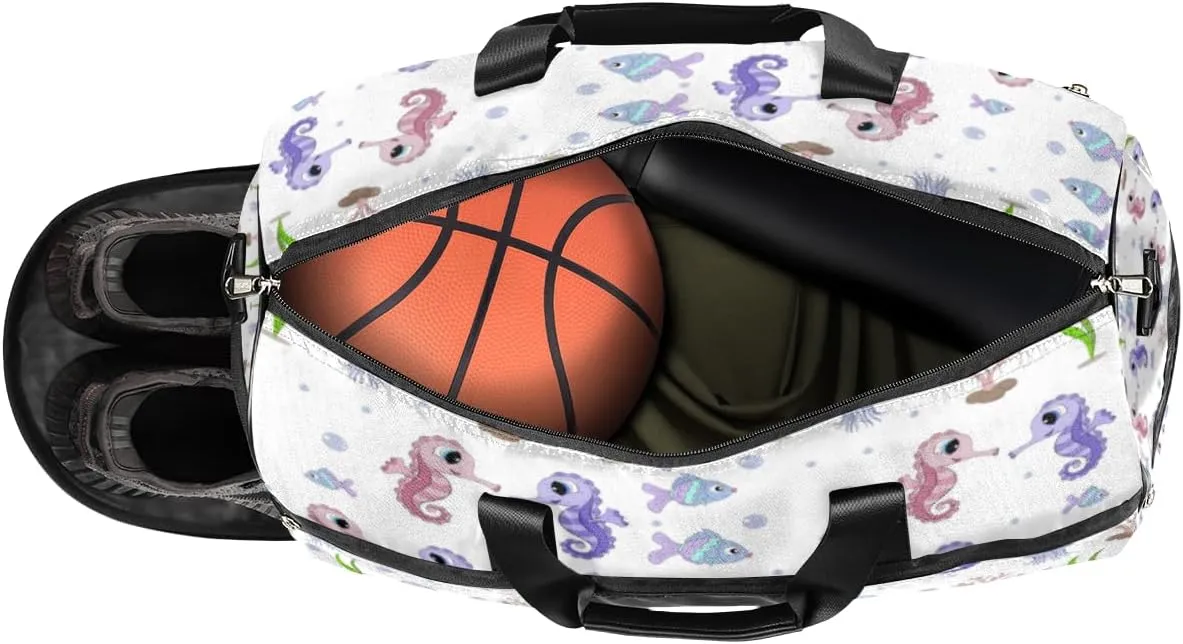 Cute Seahorses Sports Gym Bag for Women Men Travel Duffel Bag with Wet Pocket & Shoes Compartment Waterproof Weekender Overnight Tote Carry on Bag Lightweight