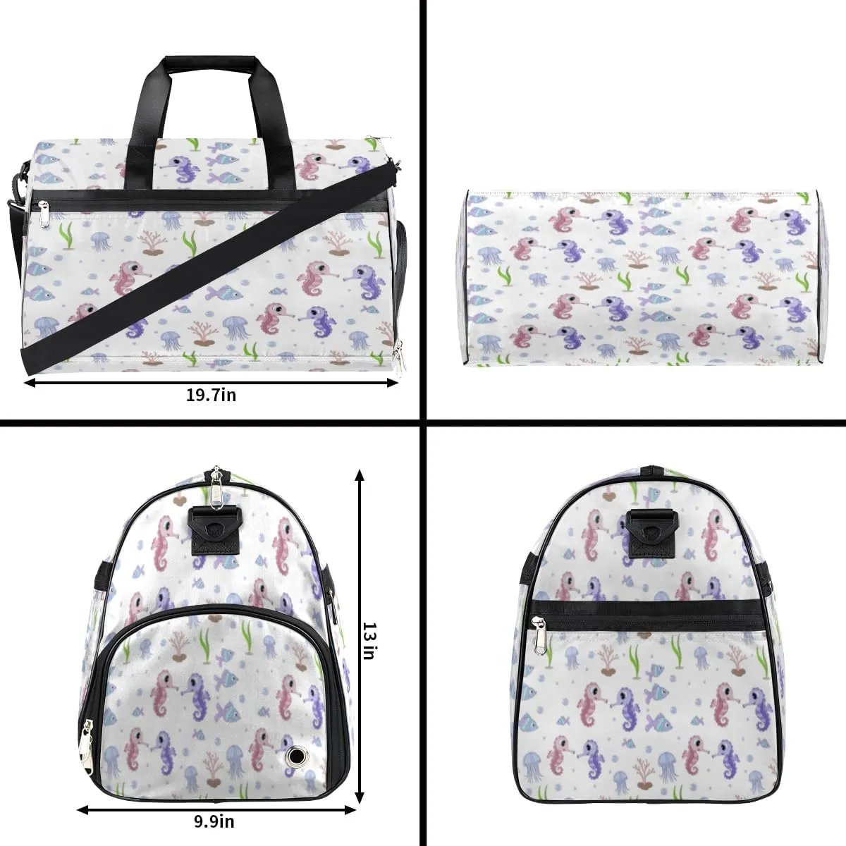 Cute Seahorses Sports Gym Bag for Women Men Travel Duffel Bag with Wet Pocket & Shoes Compartment Waterproof Weekender Overnight Tote Carry on Bag Lightweight