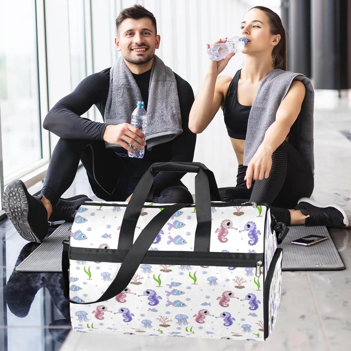 Cute Seahorses Sports Gym Bag for Women Men Travel Duffel Bag with Wet Pocket & Shoes Compartment Waterproof Weekender Overnight Tote Carry on Bag Lightweight