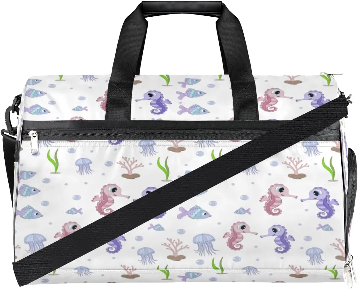 Cute Seahorses Sports Gym Bag for Women Men Travel Duffel Bag with Wet Pocket & Shoes Compartment Waterproof Weekender Overnight Tote Carry on Bag Lightweight