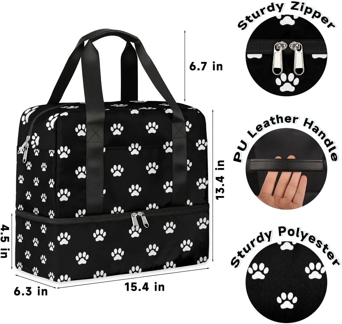 Cute Sports Gym Bag Travel Duffel Bag Waterproof Lightweight Swim Bag Travel Tote Luggage Weekender Overnight Handbag Workout Bag with Shoes Compartment for Women Men, C-Black Cat Dog Paw Prints,