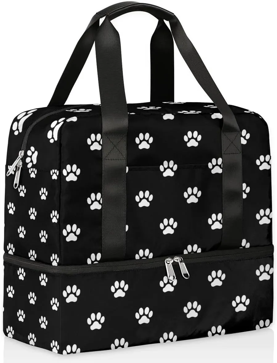 Cute Sports Gym Bag Travel Duffel Bag Waterproof Lightweight Swim Bag Travel Tote Luggage Weekender Overnight Handbag Workout Bag with Shoes Compartment for Women Men, C-Black Cat Dog Paw Prints,