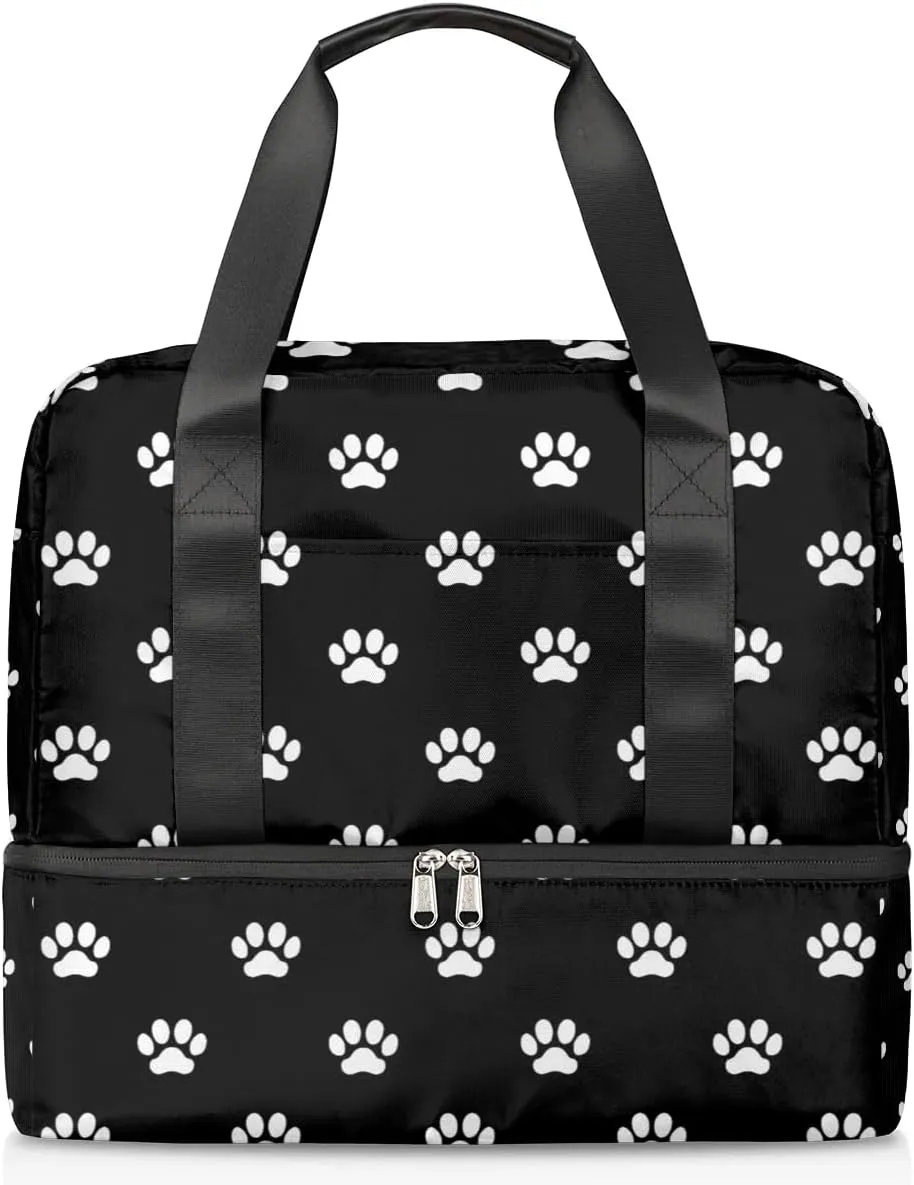 Cute Sports Gym Bag Travel Duffel Bag Waterproof Lightweight Swim Bag Travel Tote Luggage Weekender Overnight Handbag Workout Bag with Shoes Compartment for Women Men, C-Black Cat Dog Paw Prints,