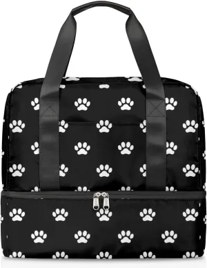 Cute Sports Gym Bag Travel Duffel Bag Waterproof Lightweight Swim Bag Travel Tote Luggage Weekender Overnight Handbag Workout Bag with Shoes Compartment for Women Men, C-Black Cat Dog Paw Prints,
