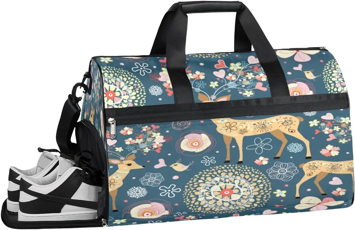 Deer Print Sports Gym Bag with Wet Pocket & Shoes Compartment Waterproof Workout Duffel Bag for Women and Men Weekender Overnight Duffle Bag Travel Carry-on Tote