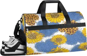 Denim Hearts Sunflower Resistant Sports Gym Bag for Women Men Travel Duffel bag with Wet Pocket & Shoes Compartment Waterproof Weekender Bag 19.7"x9.9"x13"