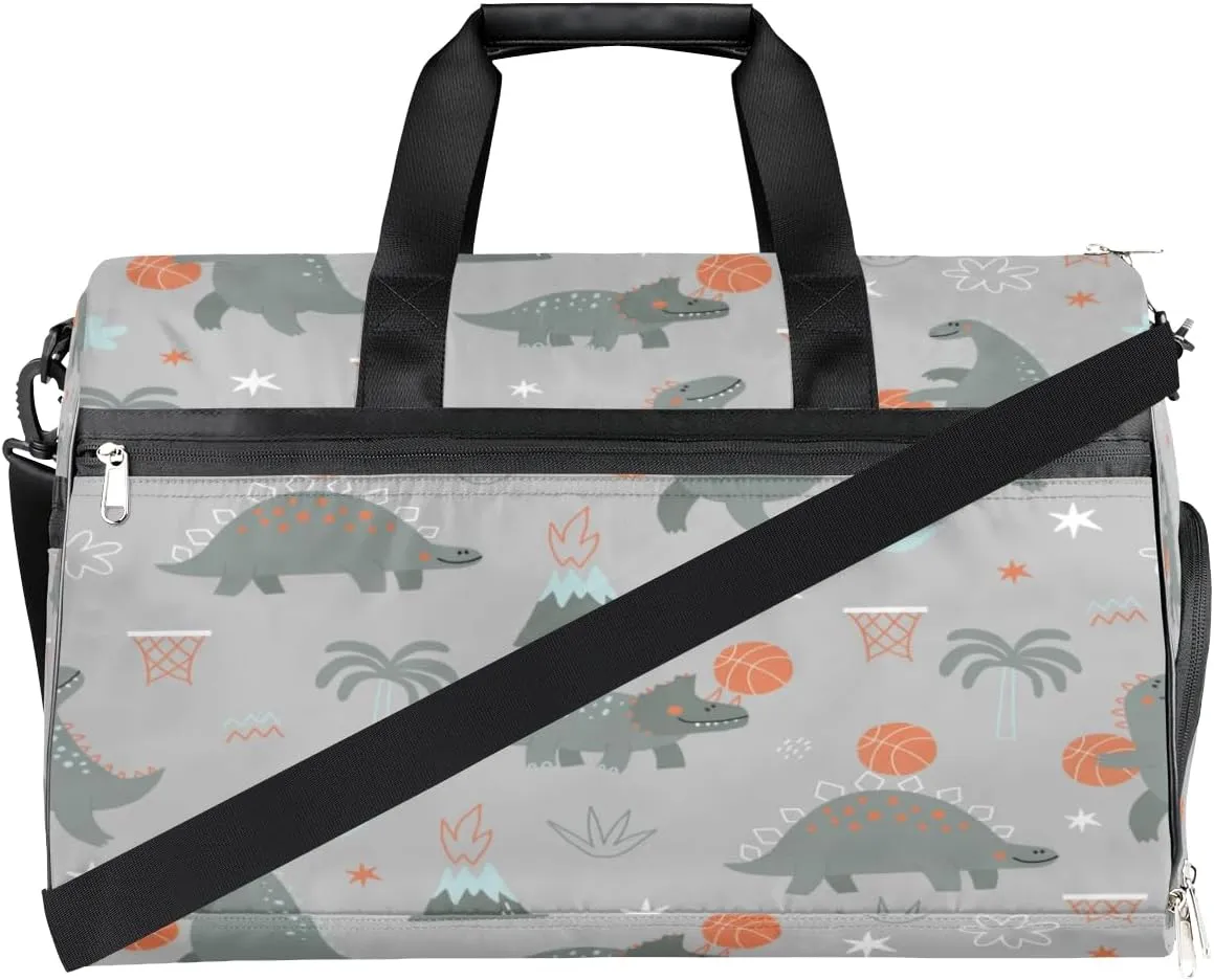 Dinosaur Basketball Sports Gym Bag for Women Men Travel Duffel Bag with Wet Pocket & Shoes Compartment Waterproof Weekender Overnight Tote Carry on Bag Lightweight