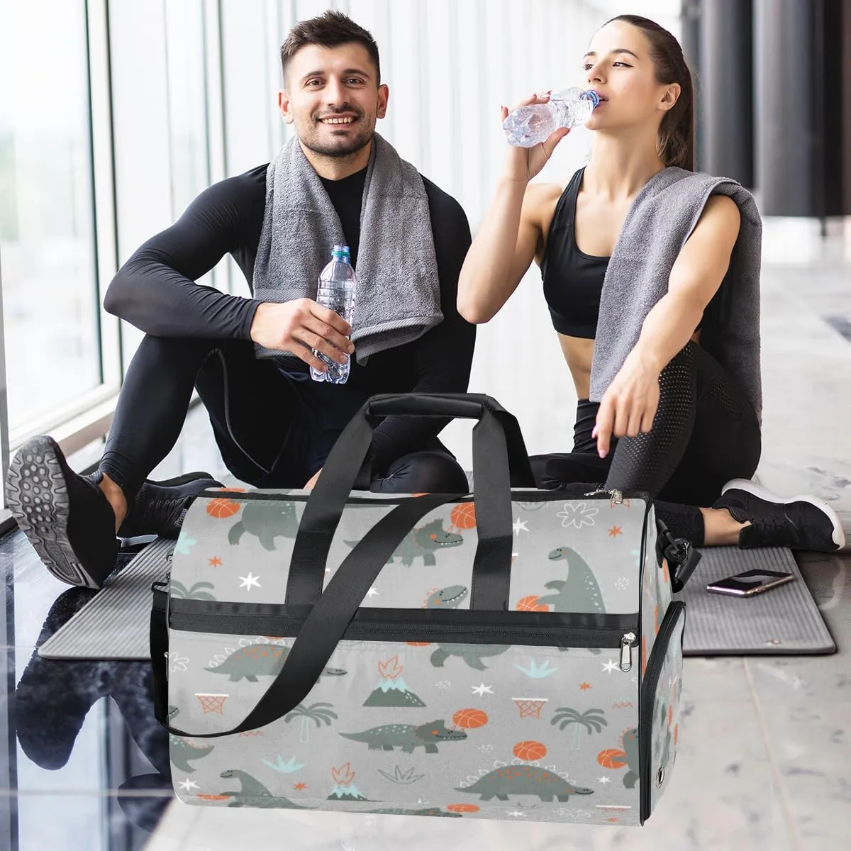 Dinosaur Basketball Sports Gym Bag for Women Men Travel Duffel Bag with Wet Pocket & Shoes Compartment Waterproof Weekender Overnight Tote Carry on Bag Lightweight