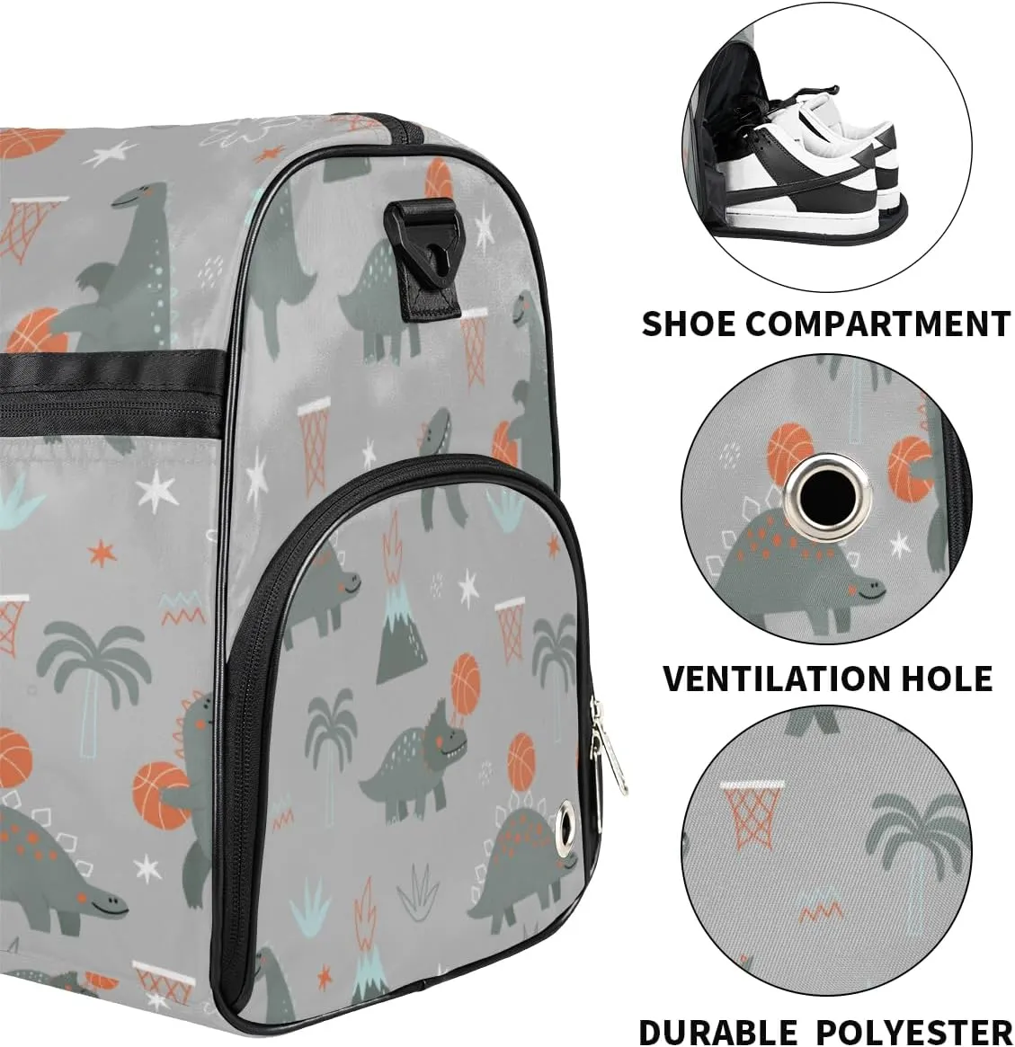 Dinosaur Basketball Sports Gym Bag for Women Men Travel Duffel Bag with Wet Pocket & Shoes Compartment Waterproof Weekender Overnight Tote Carry on Bag Lightweight