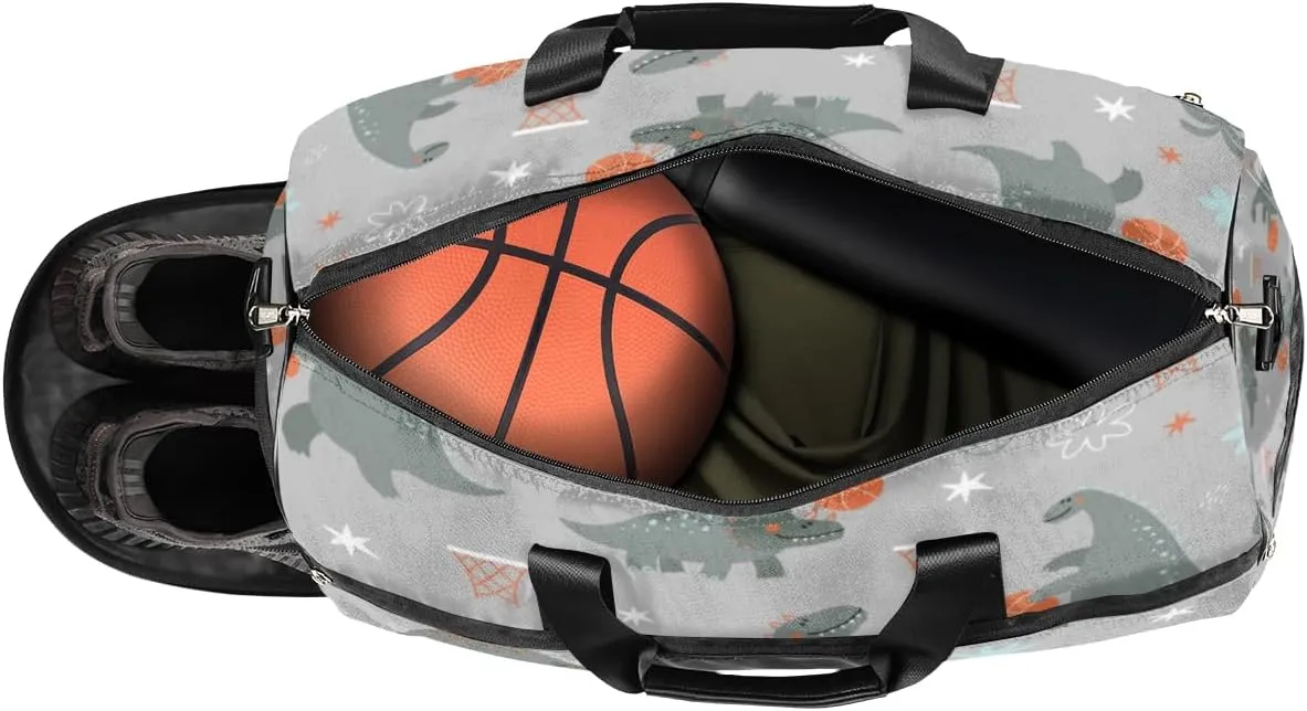 Dinosaur Basketball Sports Gym Bag for Women Men Travel Duffel Bag with Wet Pocket & Shoes Compartment Waterproof Weekender Overnight Tote Carry on Bag Lightweight