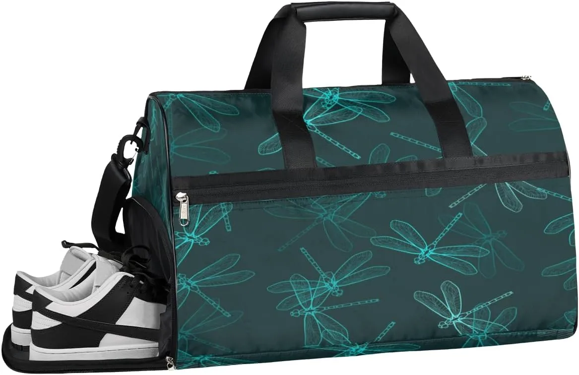 Dragonfly Indigo Green Sports Gym Bag for Women and Men Travel Duffel Bag Overnight Shoulder Bag Waterproof Workout Bag Portable Sports Tote with Shoes Compartment